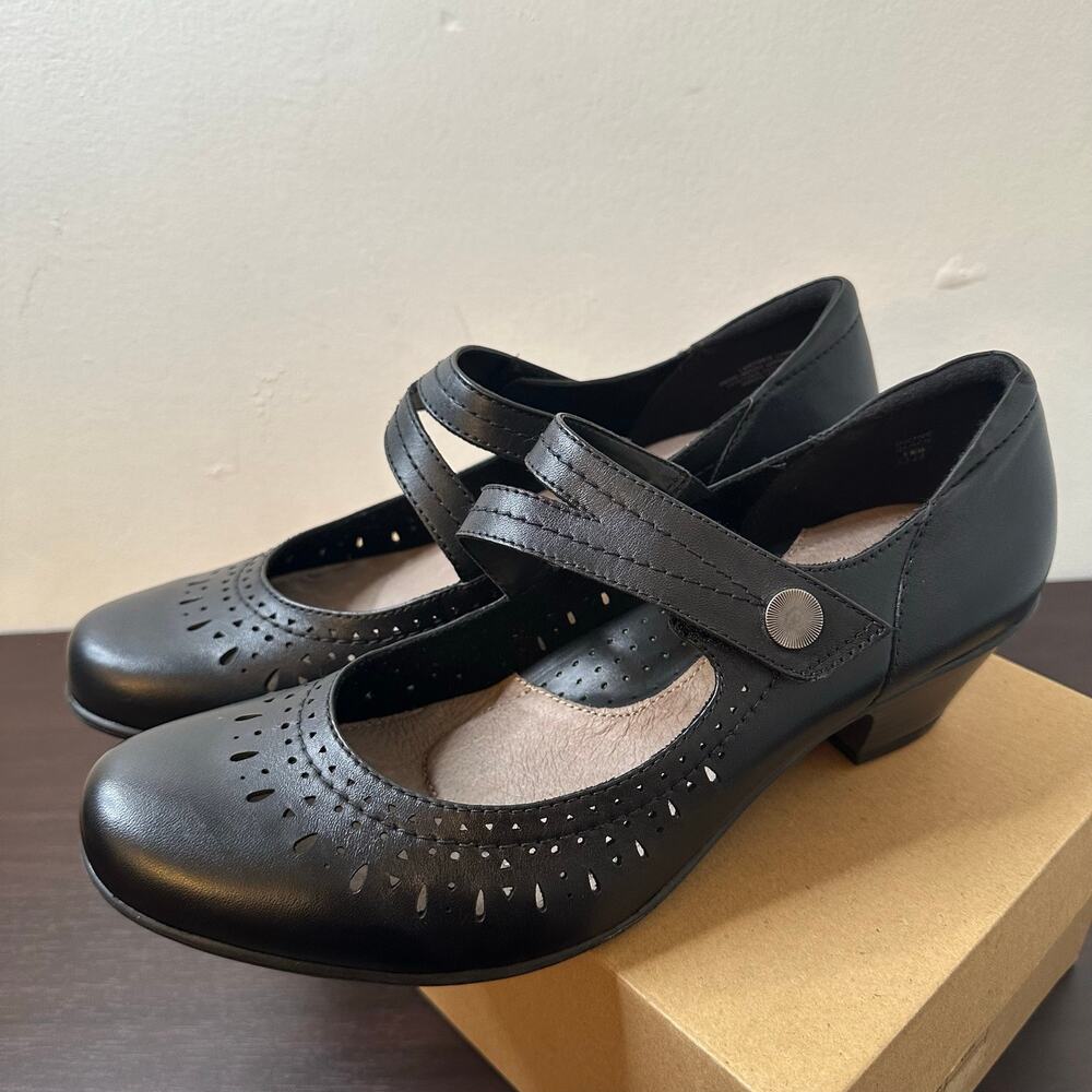 Earth Black Leather Mary Jane Heel Pumps Hook and Loop Shoes, Dione Size 12, New